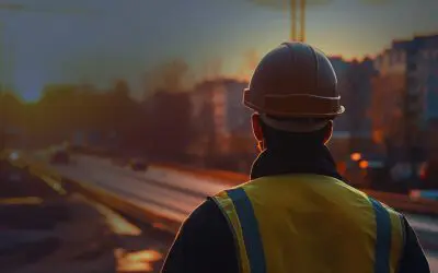 Construction professional overseeing complex infrastructure project at sunrise