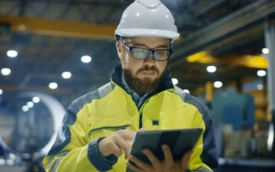 construction worker on tablet